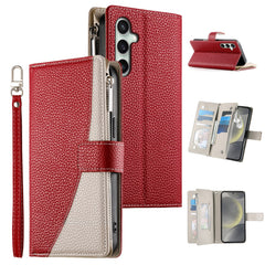 For Samsung Galaxy S25 FE Case Zipper Wallet Color Splicing Leather Flip Phone Cover with Straps