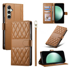 For Samsung Galaxy S25 FE Case Rhombus Stitching Wallet Stand Leather Phone Cover with Long  /  Short Strap