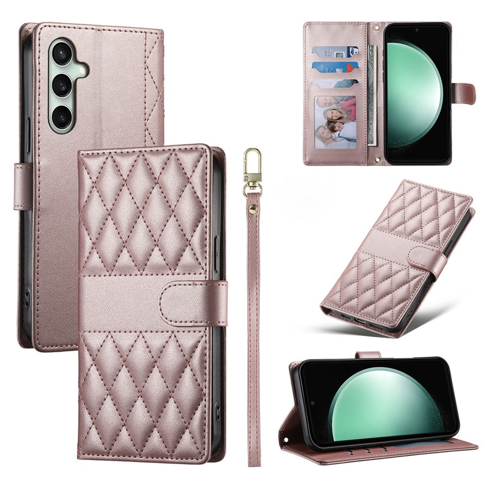 For Samsung Galaxy S25 FE Case Rhombus Stitching Wallet Stand Leather Phone Cover with Long  /  Short Strap
