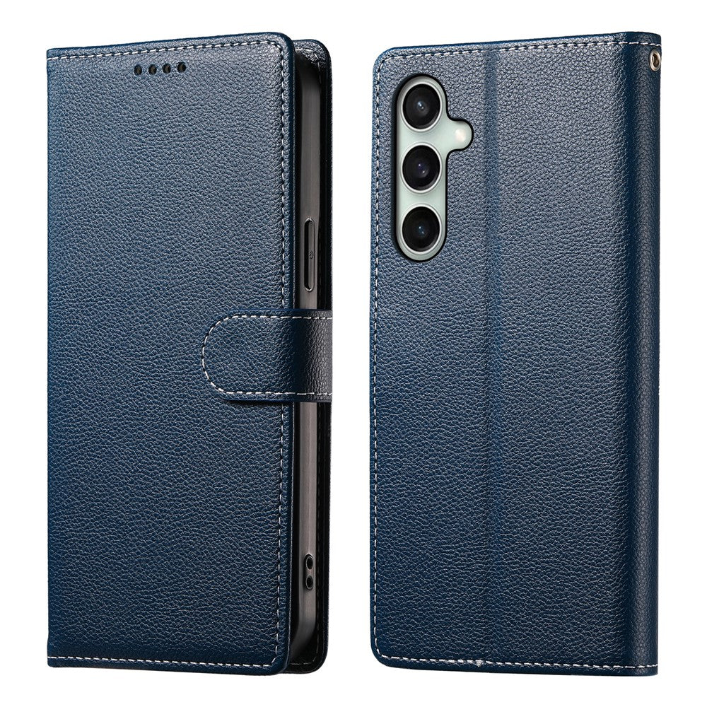 For Samsung Galaxy S25 FE Case Magnetic Snap Litchi Texture Leather Wallet Phone Cover with Wrist Strap