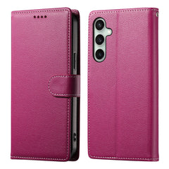 For Samsung Galaxy S25 FE Case Magnetic Snap Litchi Texture Leather Wallet Phone Cover with Wrist Strap