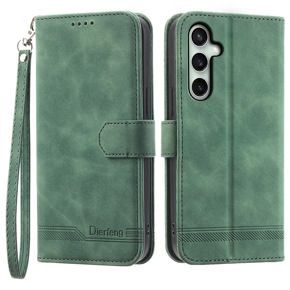 DIERFENG DF-03 For Samsung Galaxy S25 FE Case Lines Imprint Wallet Leather Phone Cover with Wrist Strap - TechGearPal
