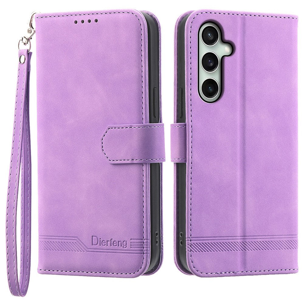 DIERFENG DF-03 For Samsung Galaxy S25 FE Case Lines Imprint Wallet Leather Phone Cover with Wrist Strap