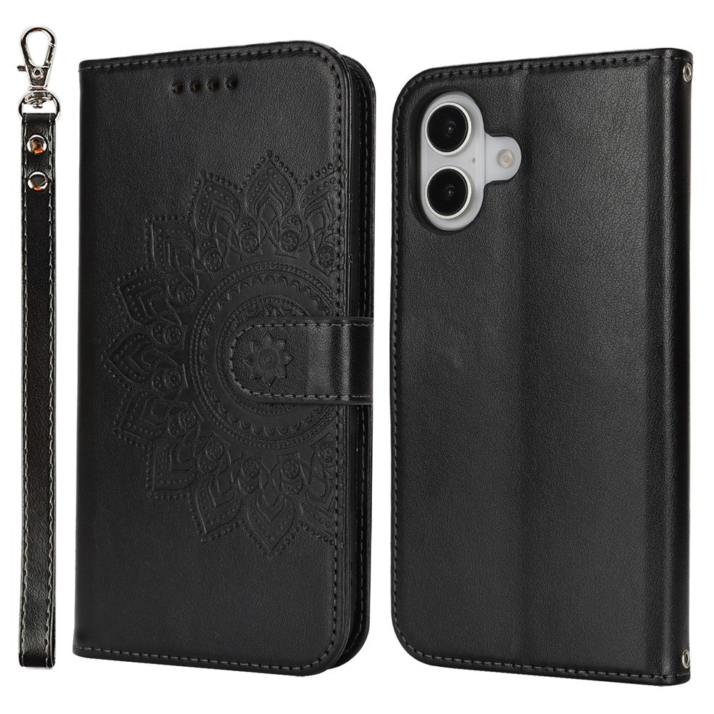 For iPhone 16 Stand Case Textured Leather Wallet Phone Cover with Strap