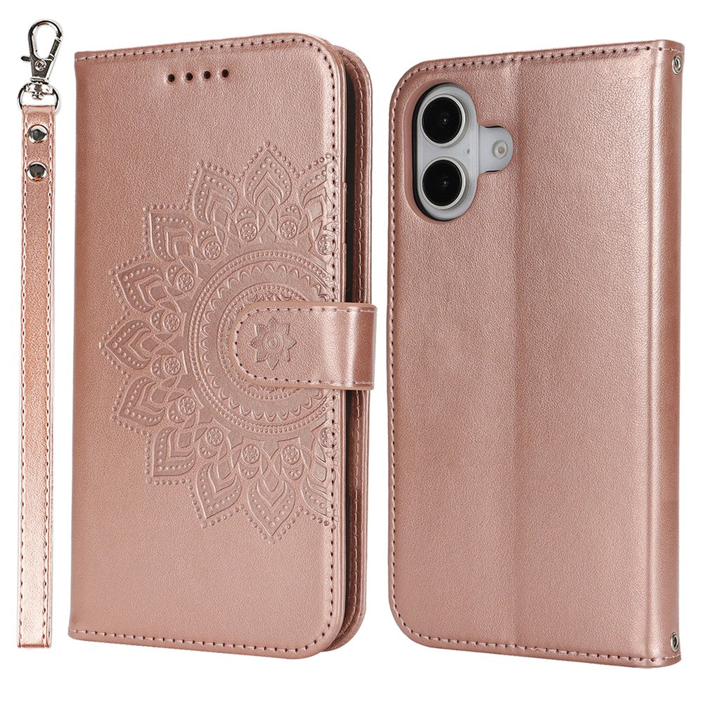 For iPhone 16 Stand Case Textured Leather Wallet Phone Cover with Strap