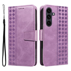 For Samsung Galaxy S25 FE Leather Case Wallet Stand Grids Imprinted Phone Cover with Strap