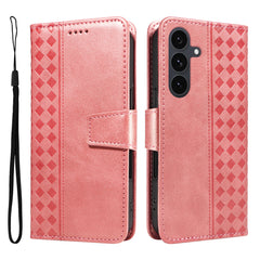 For Samsung Galaxy S25 FE Leather Case Wallet Stand Grids Imprinted Phone Cover with Strap