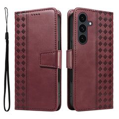 For Samsung Galaxy S25 FE Leather Case Wallet Stand Grids Imprinted Phone Cover with Strap