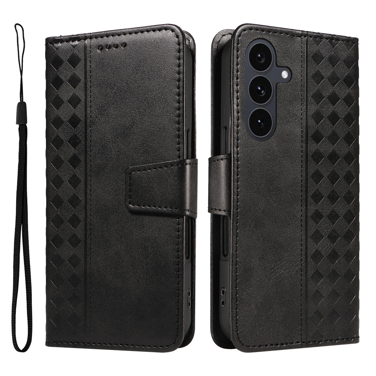 For Samsung Galaxy S25 FE Leather Case Wallet Stand Grids Imprinted Phone Cover with Strap