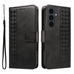 For Samsung Galaxy S25 FE Leather Case Wallet Stand Grids Imprinted Phone Cover with Strap