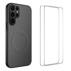 For Samsung Galaxy S24 Ultra Magnetic Case WANLONFENG TQ1 Series Carbon Fiber Texture PC TPU Phone Cover with 2Pcs Screen Films