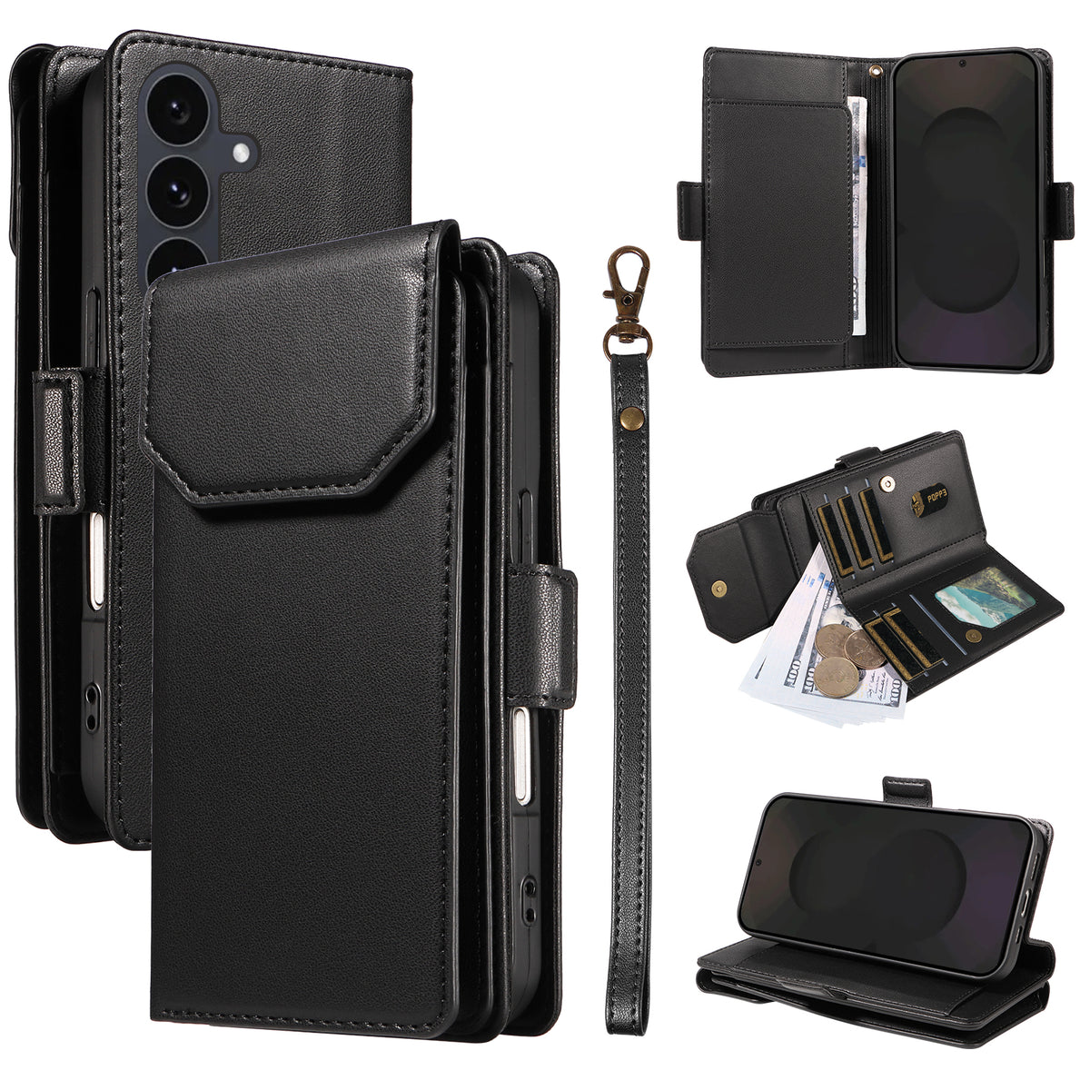 For Samsung Galaxy S25 FE Case with Multi-Card Holder and Strap PU Leather Phone Cover Stand