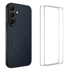 For Samsung Galaxy A26 5G Magnetic Case WANLONFENG TQ1 Series Carbon Fiber Texture PC TPU Phone Cover with 2Pcs Screen Films