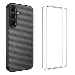 For Samsung Galaxy A26 5G Magnetic Case WANLONFENG TQ1 Series Carbon Fiber Texture PC TPU Phone Cover with 2Pcs Screen Films