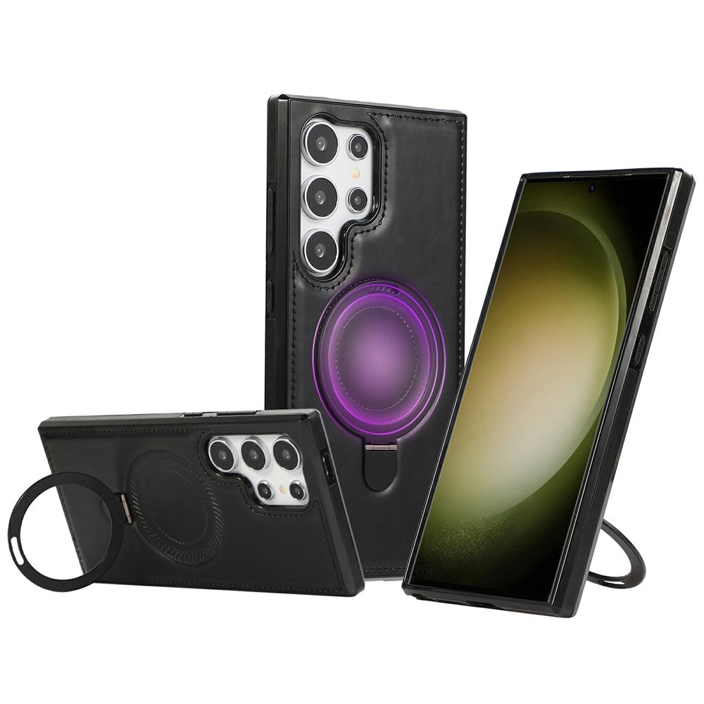 For Samsung Galaxy S25 Ultra Case Magnetic Kickstand PU Leather Coated PC + TPU Phone Cover