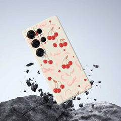 For Samsung Galaxy S25 Ultra Case Big Bow Cherry Pattern Printing Straight Edge TPU Phone Back Cover