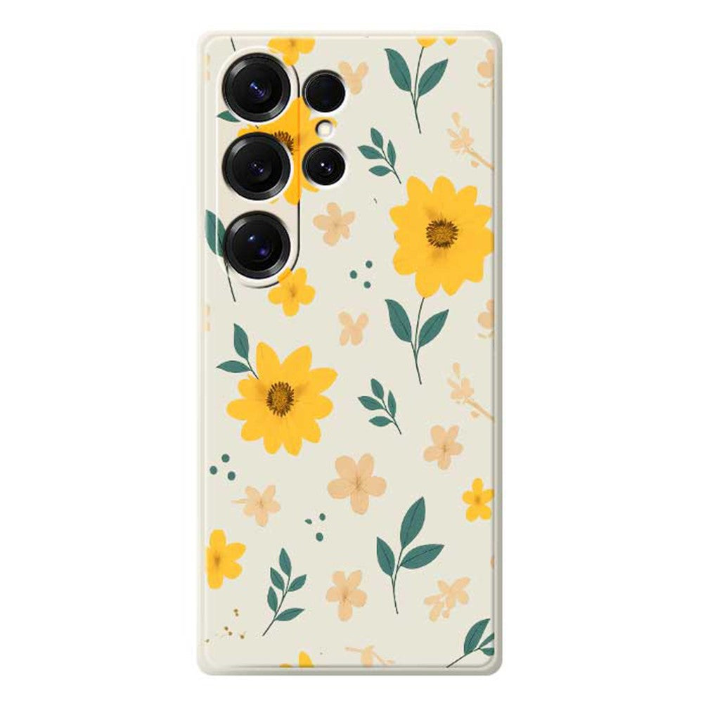 Coque arrière en TPU pour Samsung Galaxy S25 Ultra, motif floral et feuilles jaunes, bord droit 