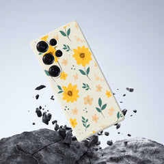 For Samsung Galaxy S25 Ultra Case Yellow Floral and Leaves Pattern Printing Straight Edge TPU Phone Back Cover
