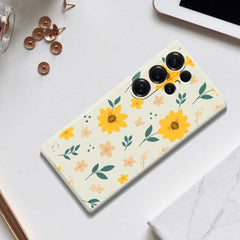 For Samsung Galaxy S25 Ultra Case Yellow Floral and Leaves Pattern Printing Straight Edge TPU Phone Back Cover