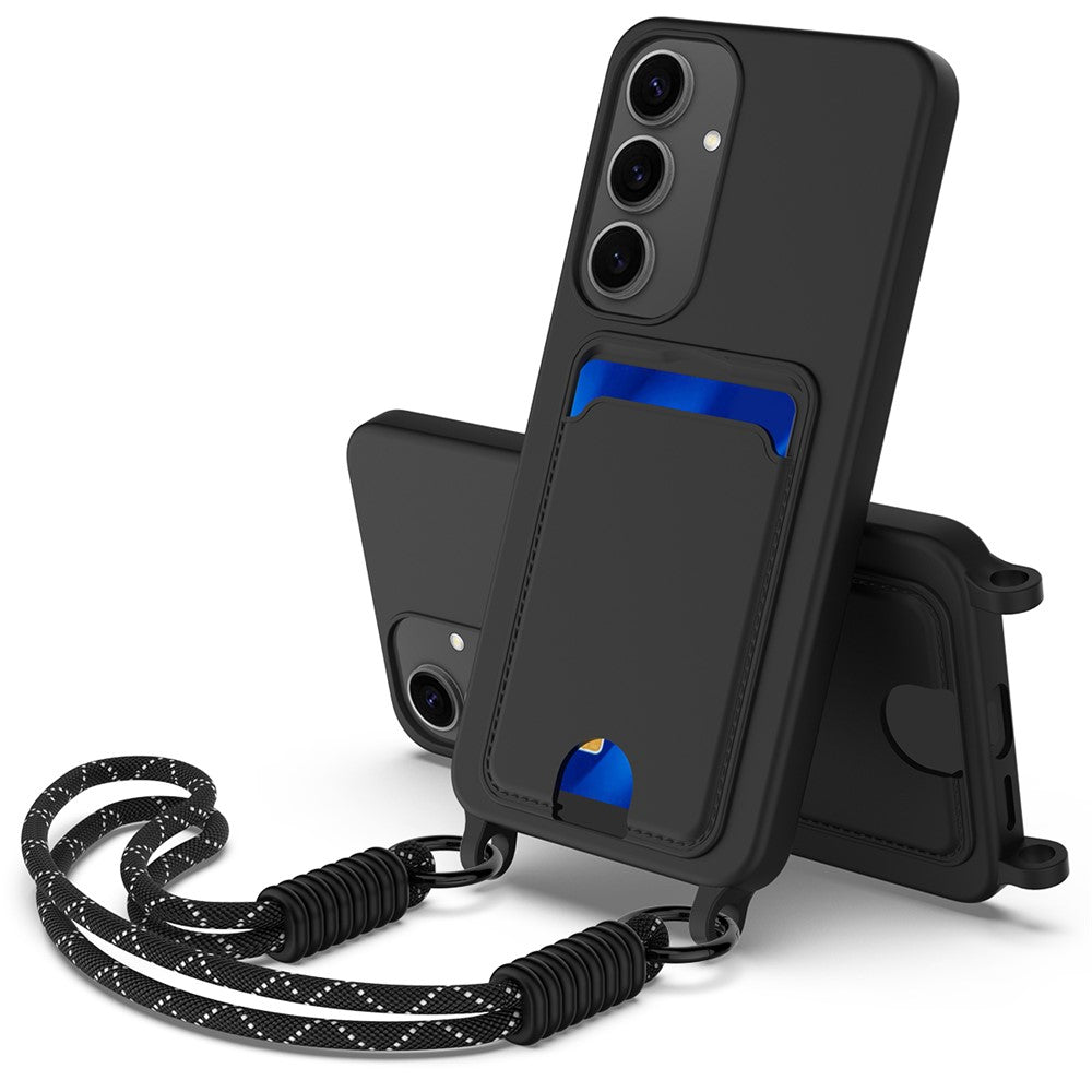 For Samsung Galaxy S24+ Case Liquid Silicone Card Holder Phone Back Cover with Short Strap