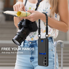For Samsung Galaxy S24+ Case Liquid Silicone Card Holder Phone Back Cover with Short Strap