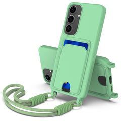 For Samsung Galaxy S24+ Case Liquid Silicone Card Holder Phone Back Cover with Short Strap