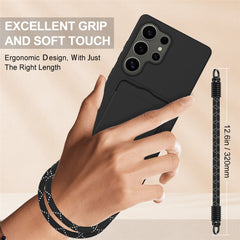 Coque arrière en silicone liquide pour Samsung Galaxy S24 Ultra, avec porte-cartes et sangle courte 