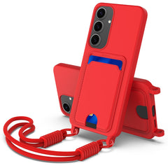For Samsung Galaxy S25+ Case Liquid Silicone Card Holder Phone Back Cover with Short Strap