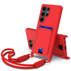Für Samsung Galaxy S25 Ultra Hülle Flüssigsilikon Kartenhalter Telefonrückseite mit kurzem Riemen 