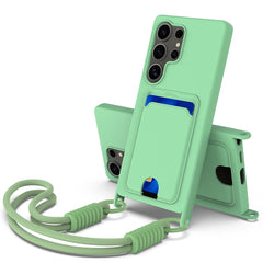 Für Samsung Galaxy S25 Ultra Hülle Flüssigsilikon Kartenhalter Telefonrückseite mit kurzem Riemen 