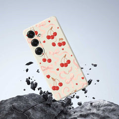 For Samsung Galaxy S25 Case Big Bow Cherry Pattern Printing Straight Edge TPU Phone Back Cover