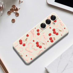 For Samsung Galaxy S25 Case Big Bow Cherry Pattern Printing Straight Edge TPU Phone Back Cover
