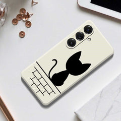 For Samsung Galaxy S25 Case Black Cat on the Wall Pattern Printing Straight Edge TPU Phone Back Cover