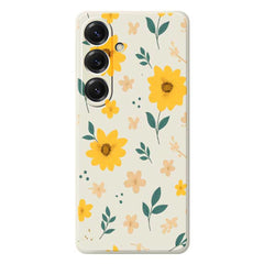 For Samsung Galaxy S25 Case Yellow Floral and Leaves Pattern Printing Straight Edge TPU Phone Back Cover
