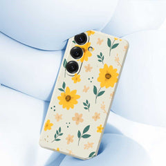 For Samsung Galaxy S25 Case Yellow Floral and Leaves Pattern Printing Straight Edge TPU Phone Back Cover
