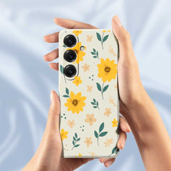 For Samsung Galaxy S25 Case Yellow Floral and Leaves Pattern Printing Straight Edge TPU Phone Back Cover