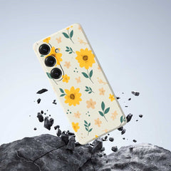 For Samsung Galaxy S25 Case Yellow Floral and Leaves Pattern Printing Straight Edge TPU Phone Back Cover