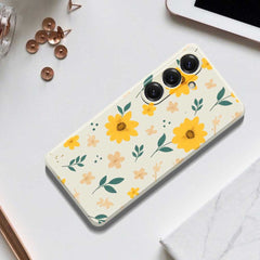 For Samsung Galaxy S25 Case Yellow Floral and Leaves Pattern Printing Straight Edge TPU Phone Back Cover