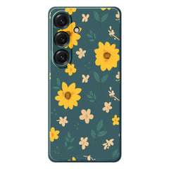 For Samsung Galaxy S25 Case Yellow Floral and Leaves Pattern Printing Straight Edge TPU Phone Back Cover