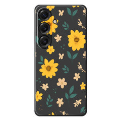 For Samsung Galaxy S25 Case Yellow Floral and Leaves Pattern Printing Straight Edge TPU Phone Back Cover