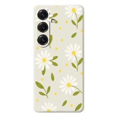For Samsung Galaxy S25 Case White Flowers Green Leaves Pattern Printing Straight Edge TPU Phone Back Cover