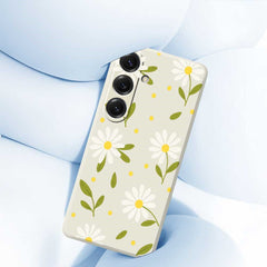 For Samsung Galaxy S25 Case White Flowers Green Leaves Pattern Printing Straight Edge TPU Phone Back Cover