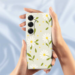 For Samsung Galaxy S25 Case White Flowers Green Leaves Pattern Printing Straight Edge TPU Phone Back Cover