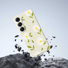 For Samsung Galaxy S25 Case White Flowers Green Leaves Pattern Printing Straight Edge TPU Phone Back Cover