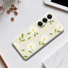 For Samsung Galaxy S25 Case White Flowers Green Leaves Pattern Printing Straight Edge TPU Phone Back Cover