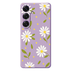 For Samsung Galaxy S25 Case White Flowers Green Leaves Pattern Printing Straight Edge TPU Phone Back Cover