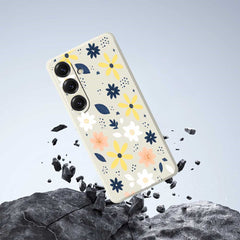 For Samsung Galaxy S25 Case Colorful Floral Blue Leaves Pattern Printing Straight Edge TPU Phone Back Cover