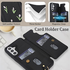 For Samsung Galaxy S25+ / S24+ Case Embroidered Tulips PU Leather Card Holder Back Cover with Shoulder Strap / Wrist Strap