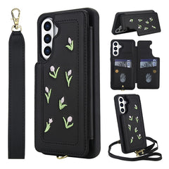 For Samsung Galaxy S25+ / S24+ Case Embroidered Tulips PU Leather Card Holder Back Cover with Shoulder Strap / Wrist Strap
