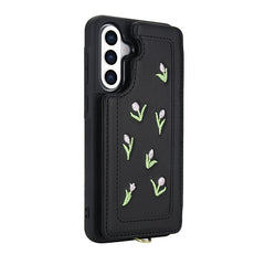 For Samsung Galaxy S25+ / S24+ Case Embroidered Tulips PU Leather Card Holder Back Cover with Shoulder Strap / Wrist Strap